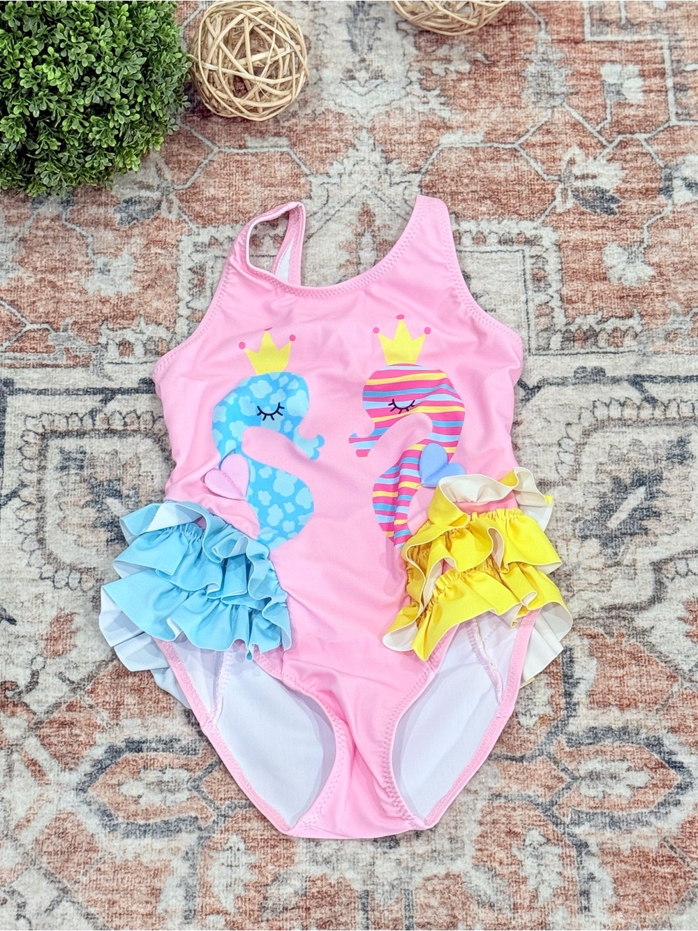 Kids Pink Seahorse Ruffle One-Piece Swimsuit